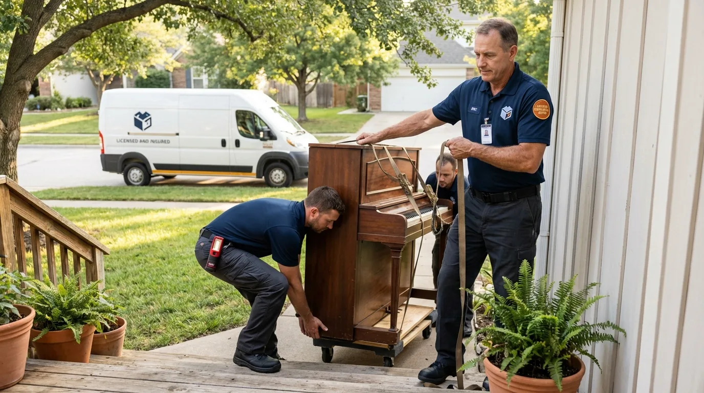 Licensed piano movers securing grand piano in Belington, WV