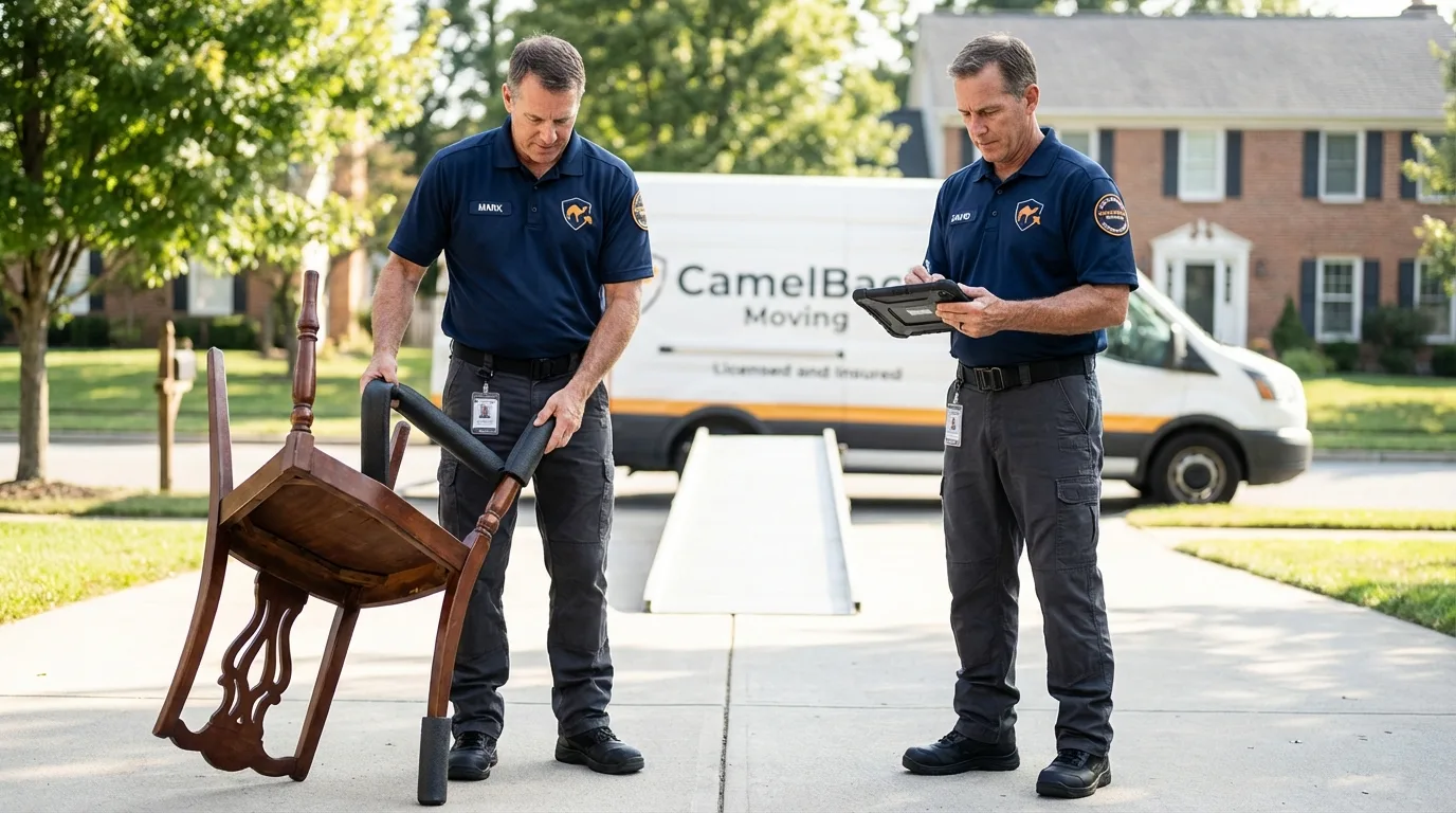 Movers inspecting furniture for damage prevention before loading in Belington, WV