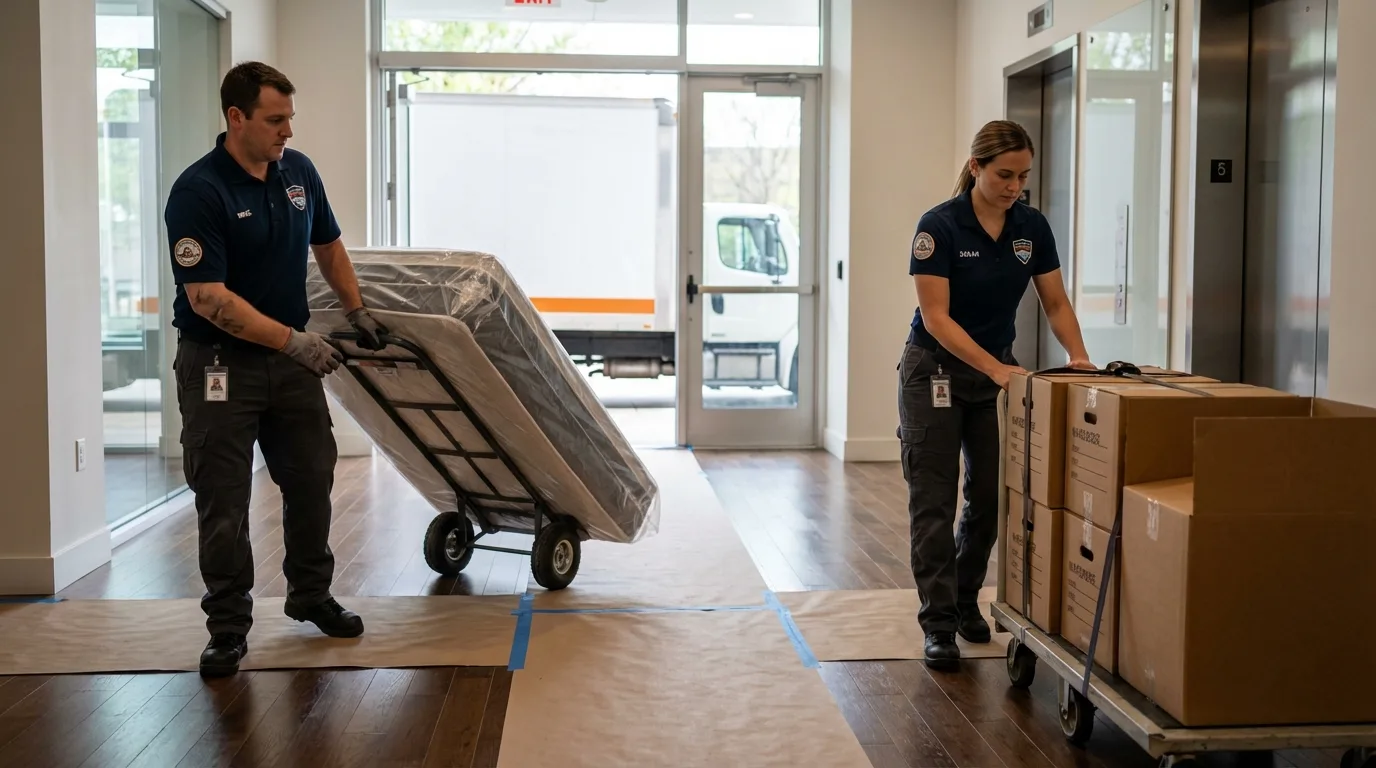Professional apartment movers loading elevator in Belington, WV