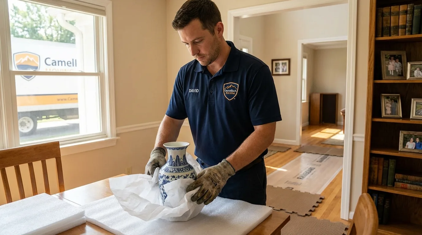 Professional crew carefully wrapping antique vase for senior downsizing move in Belington, WV