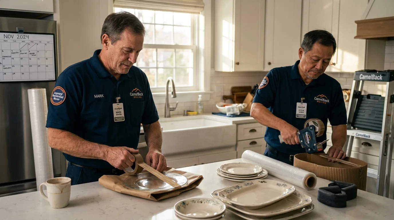 Professional crew packing kitchen dishware in Belington, WV